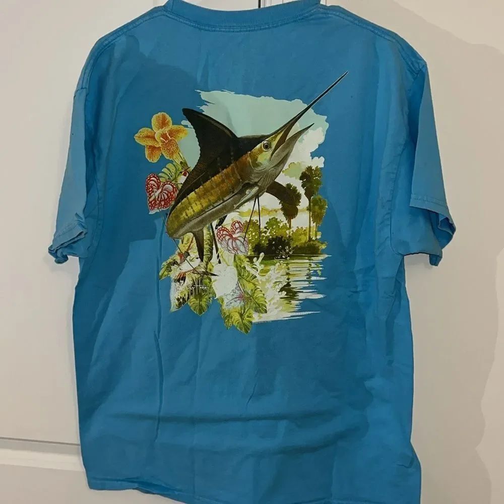 Guy Harvey Sailfish Fishing Turquoise blue pocket T shirt L me a